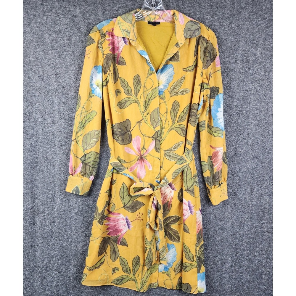 Ann Taylor Shirt Dress Women 2 Yellow Floral Botanical Long Sleeve Belted Mini